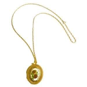 Vintage Floral Cameo Style Pendant Necklace, Gold Chain